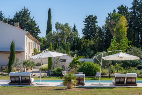 Espace piscine du Domaine Mas Lafleur à Châteaurenard avec transats, parasols et jardins méditerranéens