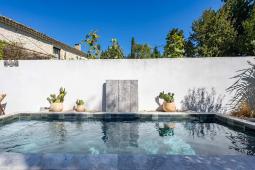 Piscine contemporaine de la villa Domaine Mas Lafleur à Châteaurenard avec cactus en pots et mur blanc de cour
