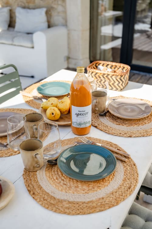 Coin repas en plein air à la villa Domaine Mas Lafleur avec assiettes dressées, nectar d'abricot et décoration rustique
