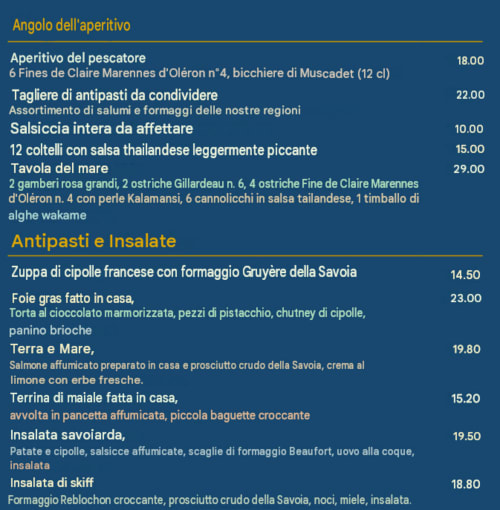 Menu d'entrées italiennes et fruits de mer de l'Hôtel Beau Rivage à Chambéry avec tarifs et descriptions détaillées