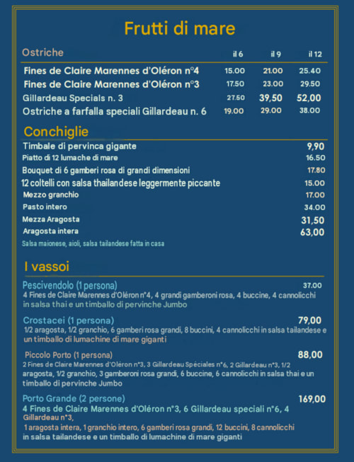 Menu Frutti di mare de l'Hôtel Beau Rivage : huîtres, fruits de mer et plateaux de fruits de mer à Courchevel.