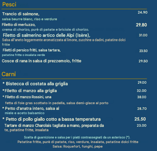 Menu de l'Hôtel Beau Rivage présentant des plats italiens de poisson et viande avec tarifs, Chambéry