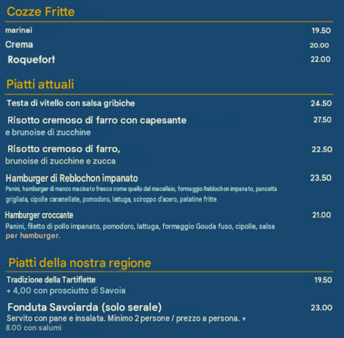 Menu de l'Hôtel Beau Rivage avec fromages frits, risotto, burgers et spécialités savoyardes régionales avec tarifs