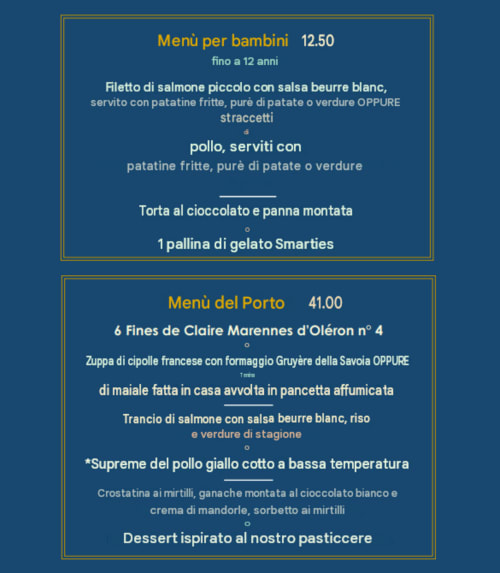 Menu enfants et carte Porto de l'Hôtel Beau Rivage : filet de saumon, poulet, gâteau au chocolat, huîtres, soupe et