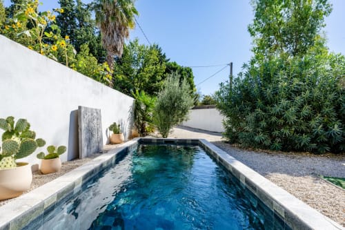 Piscine turquoise entourée de murs blancs, plantes méditerranéennes et verdure luxuriante à la villa Domaine Mas Lafleur