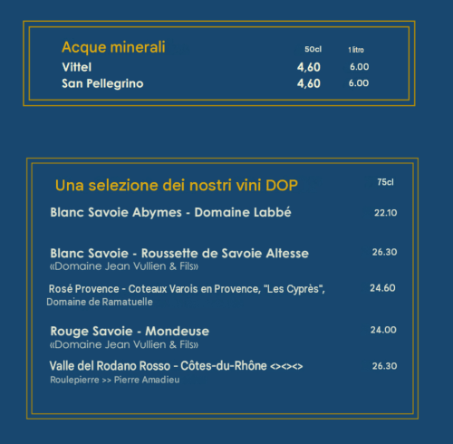 Carte des eaux minérales et vins AOC à l'Hôtel Beau Rivage, Chambéry avec tarifs en euros