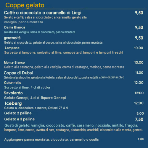 Menu de gelato Coppe à l'Hôtel Beau Rivage avec saveurs italiennes et tarifs en euros