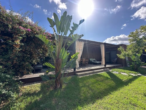 Jardin tropical de Villa Maé avec piscine privée, terrasse et coin détente ombragé à Ghisonaccia