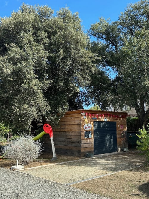 Abri en bois avec seau rouge et anse jaune au jardin Les Villas d'A Storia à Ghisonaccia, entouré de grands oliviers