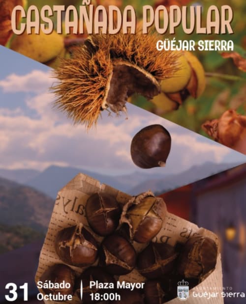 Cartel del festival Castañada Popular de Güéjar Sierra, con castañas asadas y paisaje montañoso de fondo