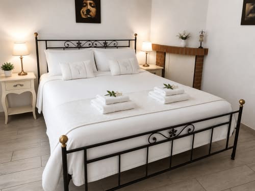 Elegante camera da letto a La piccola di casa di Tania a Terlizzi con letto in ferro, biancheria bianca e servizi accoglienti.