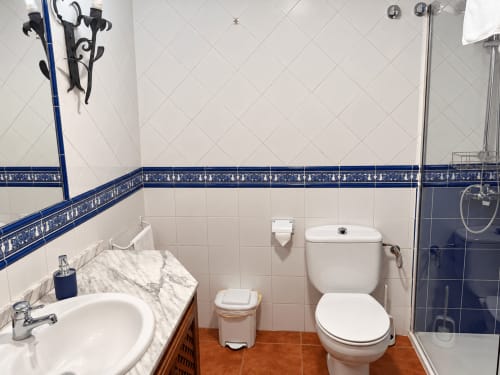 Baño de Apartamentos Turísticos La Posada en Oropesa, Toledo con lavabo de mármol, inodoro, ducha y azulejos decorativos azules