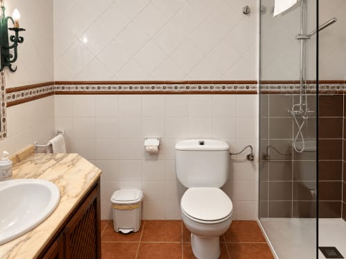 Baño de Apartamentos Turísticos La Posada en Oropesa, Toledo con inodoro, lavabo, ducha y detalles decorativos de azulejos