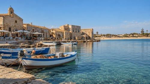 Spiaggia di Mondello con barche da pesca blu e bianche, edifici in pietra storici e chiesa di Noto, Sicilia
