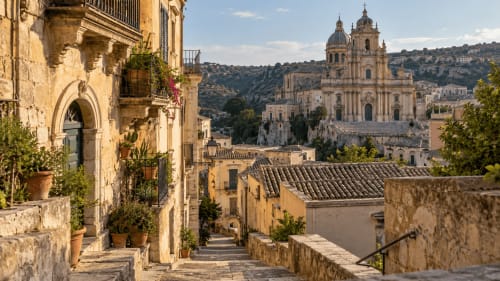 Architettura barocca e vicolo stretto a Noto, Sicilia con la Chiesa di San Giorgio visibile in lontananza