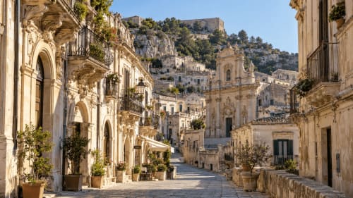 Affascinante via in pietra a Noto con architettura barocca, vista della cattedrale e hotel Case Luparello