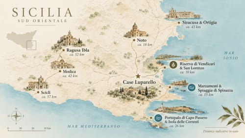 Mappa del sud-est della Sicilia con Case Luparello a Noto, attrazioni vicine e distanze in chilometri.
