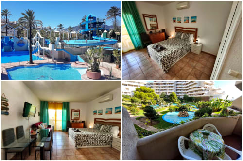 Suite Estudio en VIVE Benalmádena con dormitorio, complejo de piscinas, parque acuático y vistas al jardín