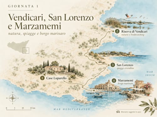 Mappa dell'itinerario Giorno 1: Vendicari, San Lorenzo e Marzamemi vicino a Case Luparello, Sicilia