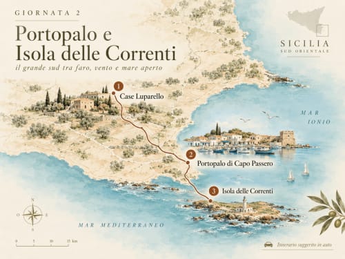 Mappa dell'itinerario di Giornata 2 da Case Luparello attraverso Portopalo fino a Isla delle Correnti nel sud-est della Sicilia