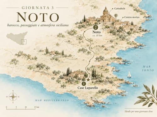 Mappa di Noto in Sicilia con localizzazione dell'hotel Case Luparello, architettura barocca e viste panoramiche sul Mediterraneo