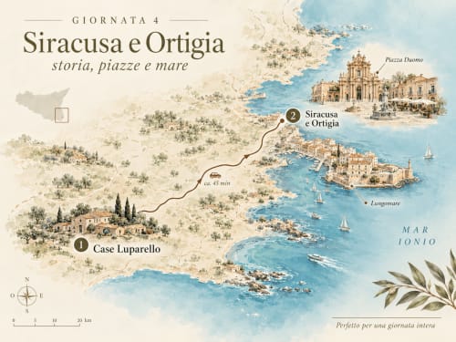 Mappa della Sicilia con Case Luparello e percorso Siracusa-Ortigia, Piazza Duomo e punti di riferimento costieri.
