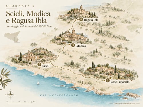 Mappa dei borghi barocchi della Val di Noto: itinerario Scicli, Modica, Ragusa Ibla vicino all'hotel Case Luparello