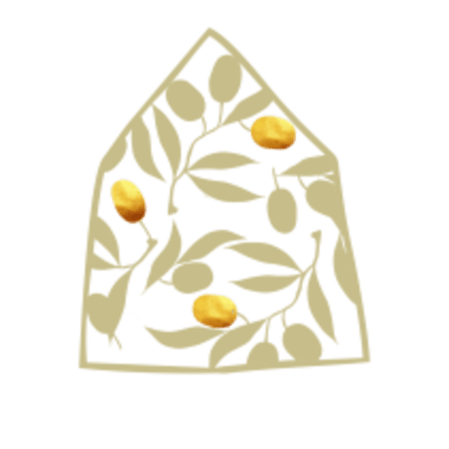 Illustrazione a forma di casa con rami di ulivo e frutti dorati, che rappresenta l'eredità siciliana di Case Luparello a Noto