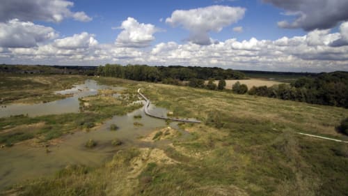 Vue aérienne panoramique de la rivière sinueuse traversant les zones humides verdoyantes et les forêts près de Moissy-Cramayel