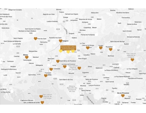 Carte de Provence localisant le gîte Domaine Mas Lafleur à Châteaurenard avec les villes et attractions environnantes.