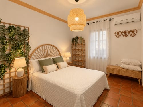 Dormitorio de jardín de lujo en Casa Rural Garden Suites en Xàtiva con cabecero de ratán, ropa de cama blanca y decoración de madera natural