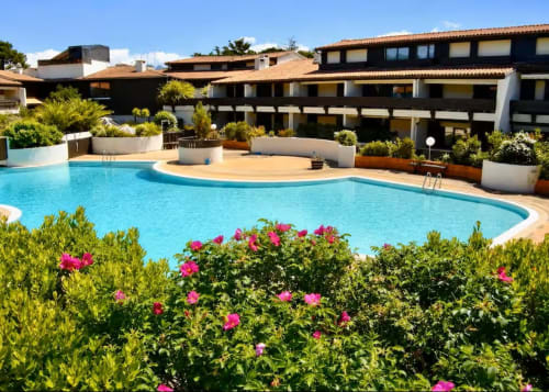 Resort Les Maraîchades au Cap Ferret : piscine étincelante, fleurs roses et bâtiments méditerranéens