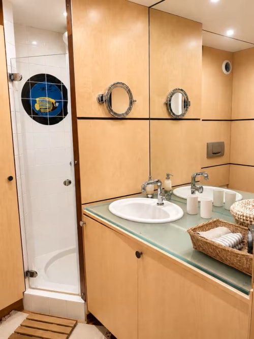 Salle de bain moderne à l'appartement Les Maraîchades au Cap Ferret avec murs pêche, douche vitrée, double vasque et miroirs blancs