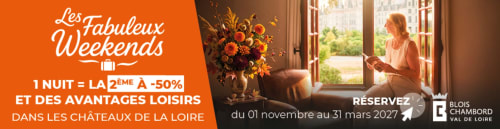 Promotion Les Fabuleux Weekends dans les châteaux de la Loire. Femme dans une élégante demeure avec fleurs d'automne, offrant 50% de réduction