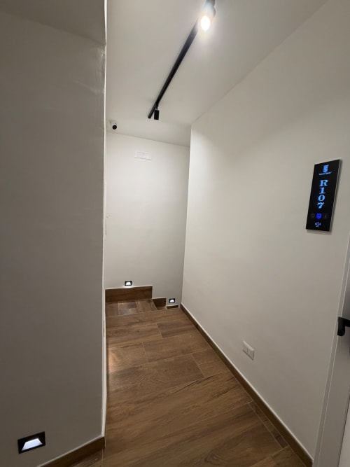 Ingresso moderno del corridoio del Salotto Toledo Luxury Rooms Napoli, con pavimento in legno, pareti bianche e illuminazione a binario