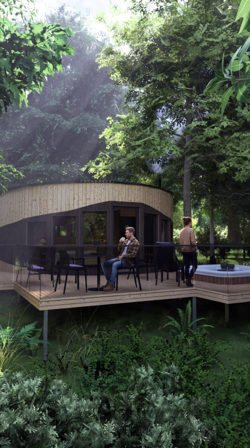 Maison moderne aux formes arrondies avec terrasse en bois et bain à remous dans un jardin luxuriant au Domaine Langelet, Saint-Gauzens