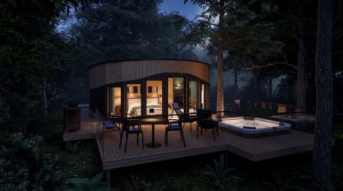 Le Perchoir au Domaine Langelet à Saint-Gauzens : une cabane ronde moderne avec bain à remous sur terrasse en bois
