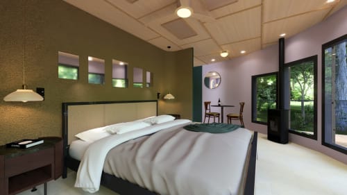 Chambre moderne du gîte Domaine Langelet avec vue sur le jardin, lit, cheminée et accès à la terrasse