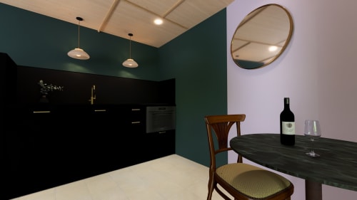 Cuisine et salle à manger modernes du Perchoir avec meubles noirs, mur accent turquoise et service à vin au Domaine