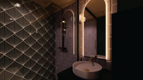 Salle de bain moderne avec carrelage géométrique, lavabo rond et miroir rétroéclairé au Perchoir, Domaine