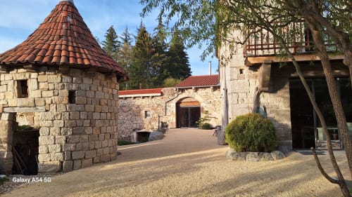 Cour en pierre de la Furanelle B&B avec tour conique à toit pointu à Saint-Étienne, France