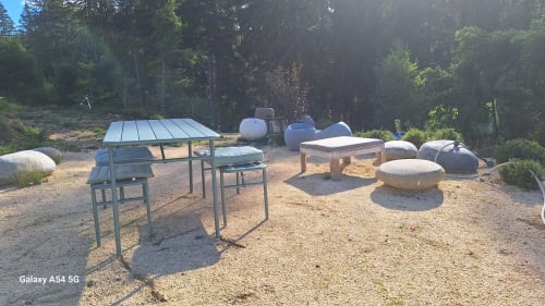 Espace de détente extérieur du Furanelle B&B à Saint Étienne avec tables de pique-nique et sièges en pierre naturelle