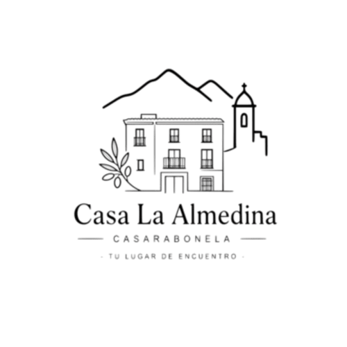 Logo de Casa La Almedina con edificio colonial, torre de iglesia, montañas y rama de olivo en Casarabonela