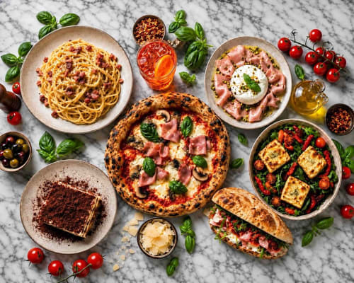 Assortiment de cuisine italienne à l'Hôtel Motelia : pâtes, pizza, salade et tiramisu sur table en marbre