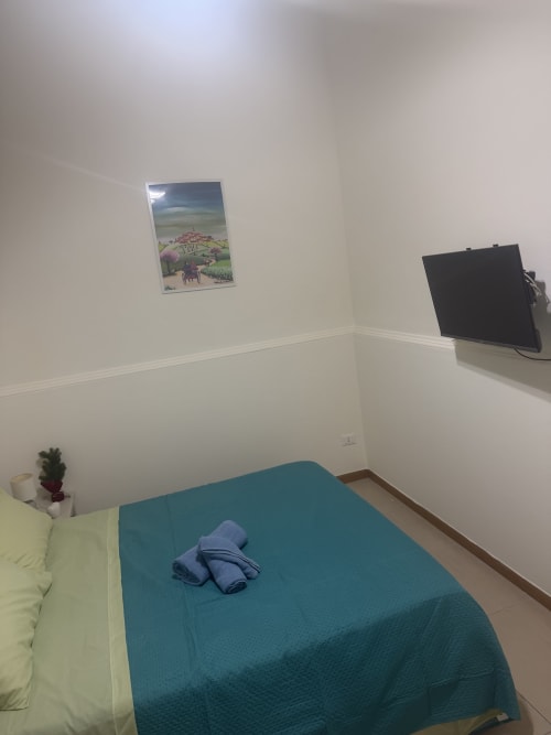 Camera luminosa alle Sidra Apartments Bari con letto teal, TV a schermo piatto e quadri su muri bianchi