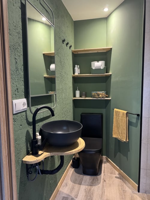 Baño moderno en la casa rural CAL BOIX de Alberga Turisme con paredes verdes, lavabo negro, estanterías de madera