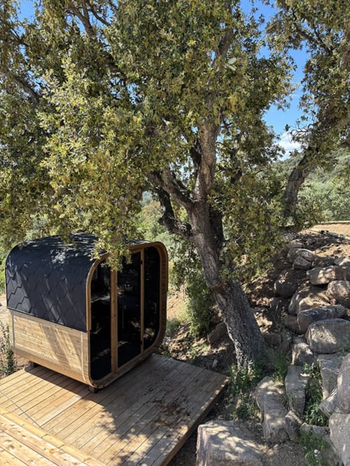 Cabine de sauna moderne en bois nichée sous les arbres matures aux Villas d'A Storia, Pinarellu, Corse
