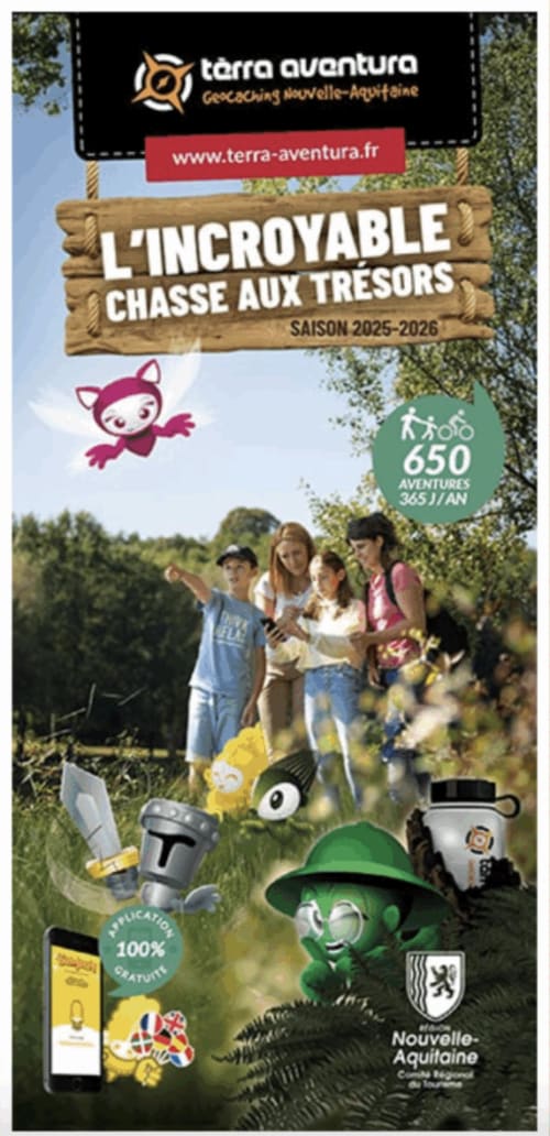 Terra Aventura treasure hunt promotional poster for Nouvelle-Aquitaine geocaching activities 2025-2026 season