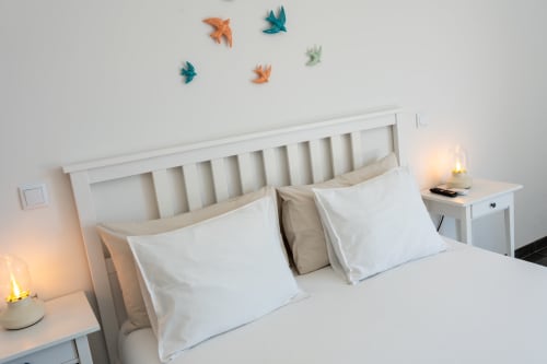 Bright bedroom at Canhoto Douro with white bed, decorative birds, bedside lamps, and pool view in São Lourenço do Douro