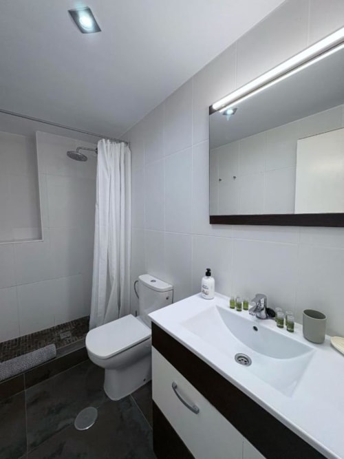 Modern bathroom at Manage Home Tenerife apartment in Arona with white sink, toilet, and shower with curtain